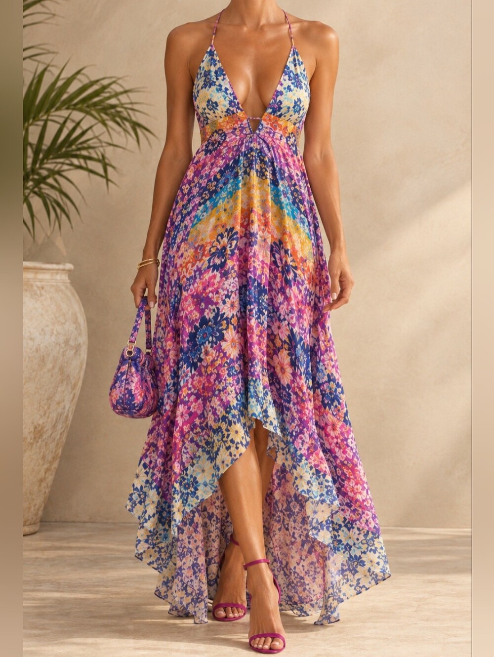 Nicole Miller Silk Multicolor Floral High-Low Maxi Dress